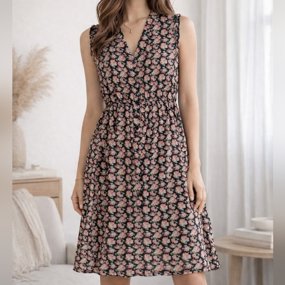 BeBop Women's Pink And Black Floral Sleeveless Button Down A-line Midi Dress